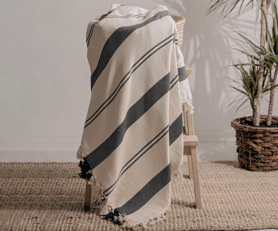 Cotton Throw and Bedspread - Black Stripe